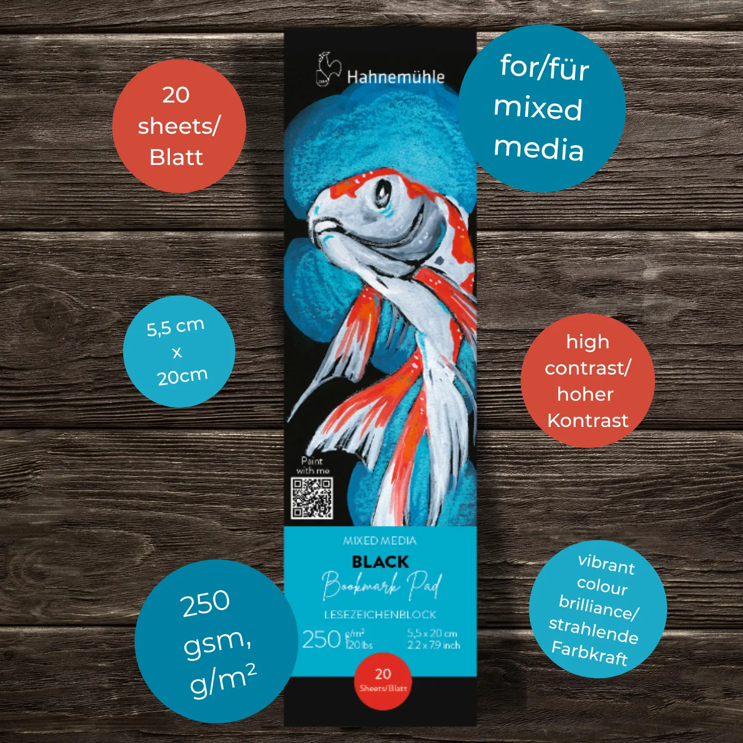 bookmark pad, mixed media, art paper, blue orange accent, cardboard packaging