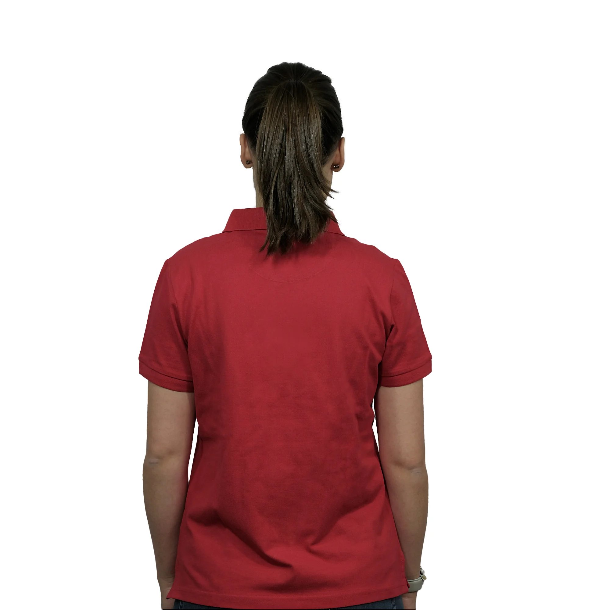 polo shirt, short sleeve, red, collared, back view