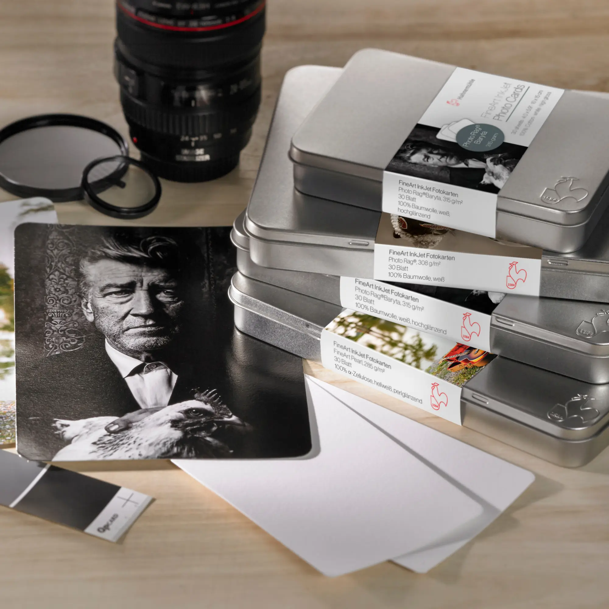 photography, card, tin box, lenses, grayscale photo