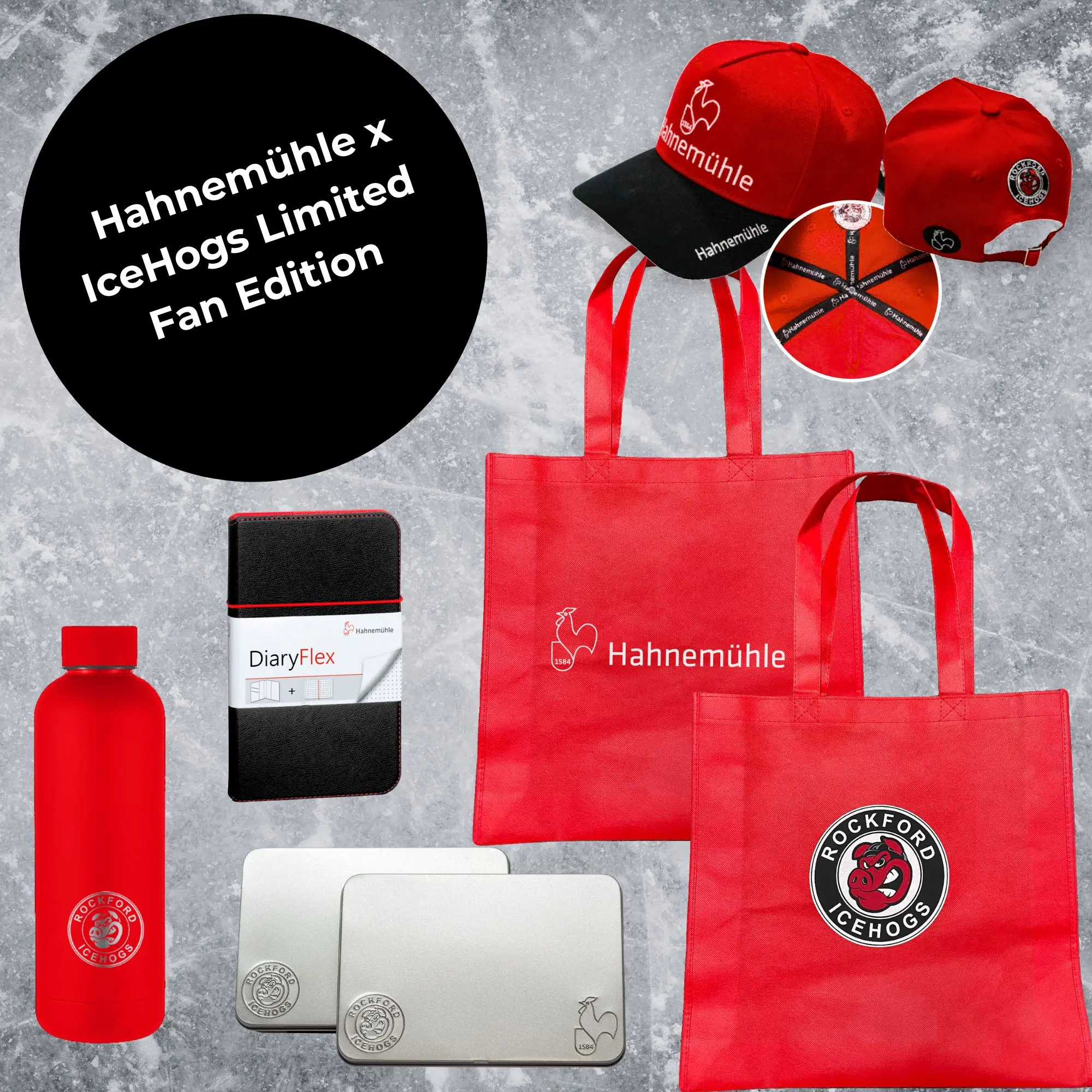red, tote bag, cap, water bottle, notebook