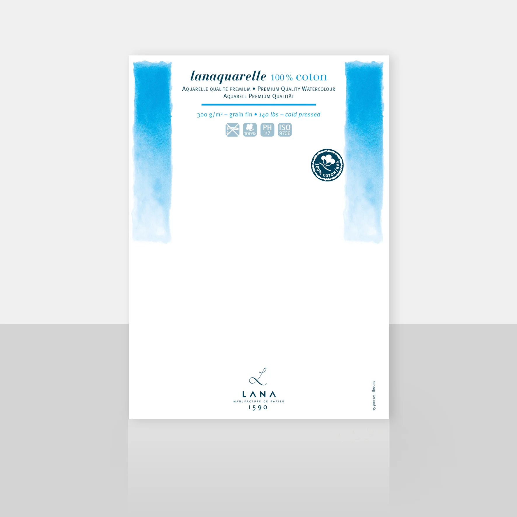 cotton paper, watercolor, blue brushstrokes, laminated label, LANA brand