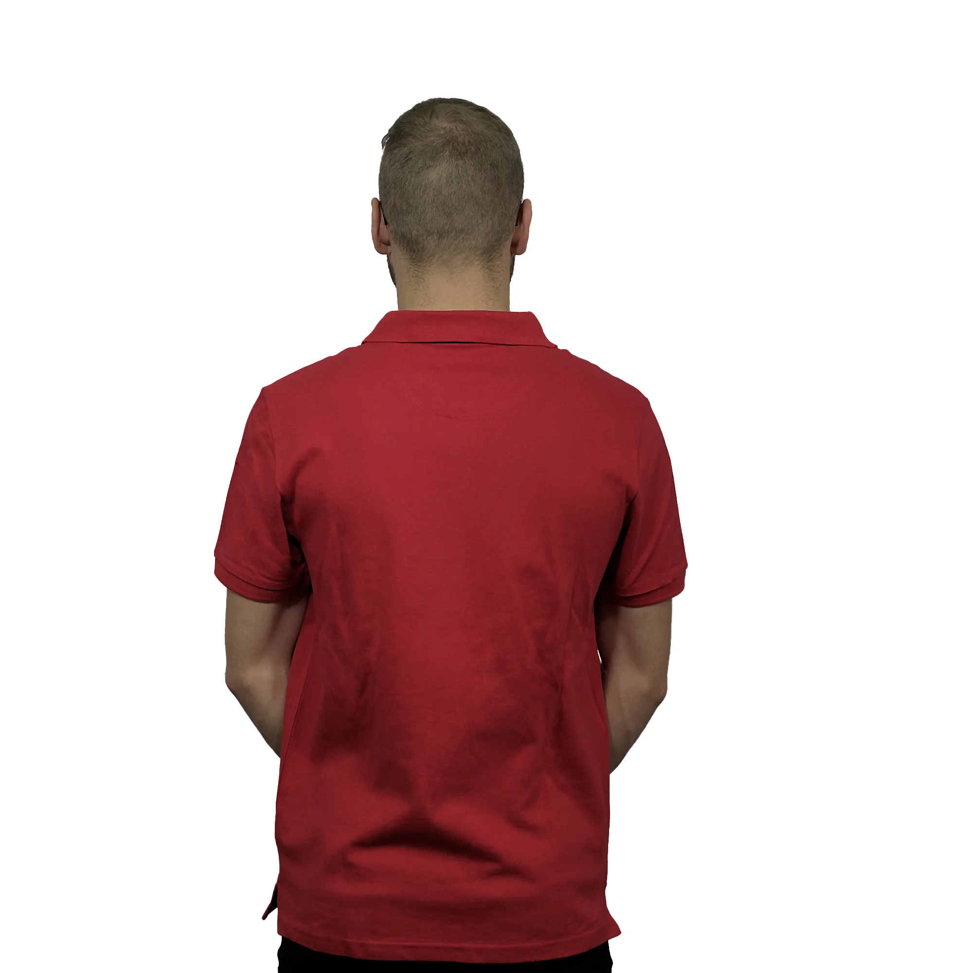 polo shirt,  red polo,  short sleeve,  plain,  back view