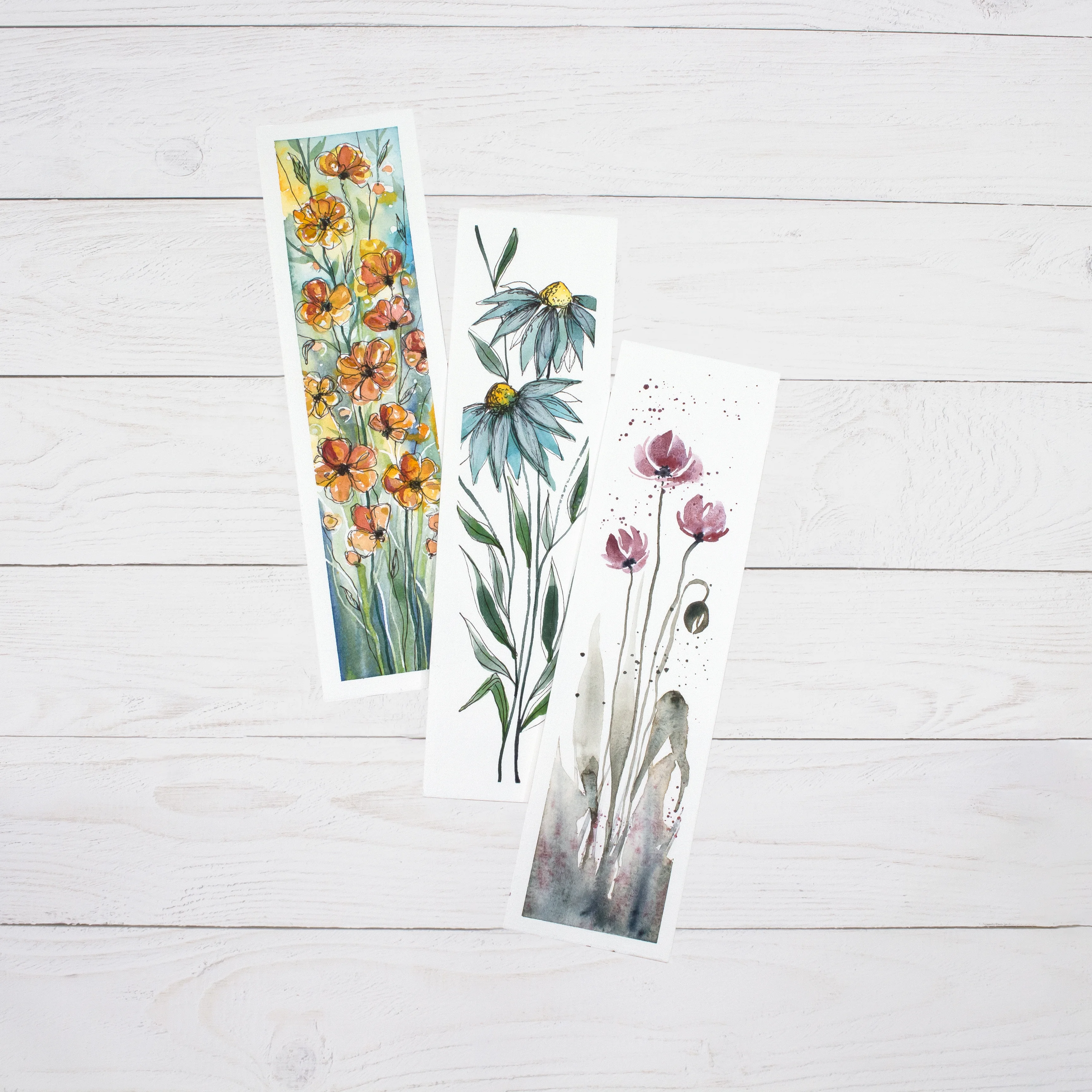 floral prints, watercolor art, flower stickers, long narrow cards, botanical design
