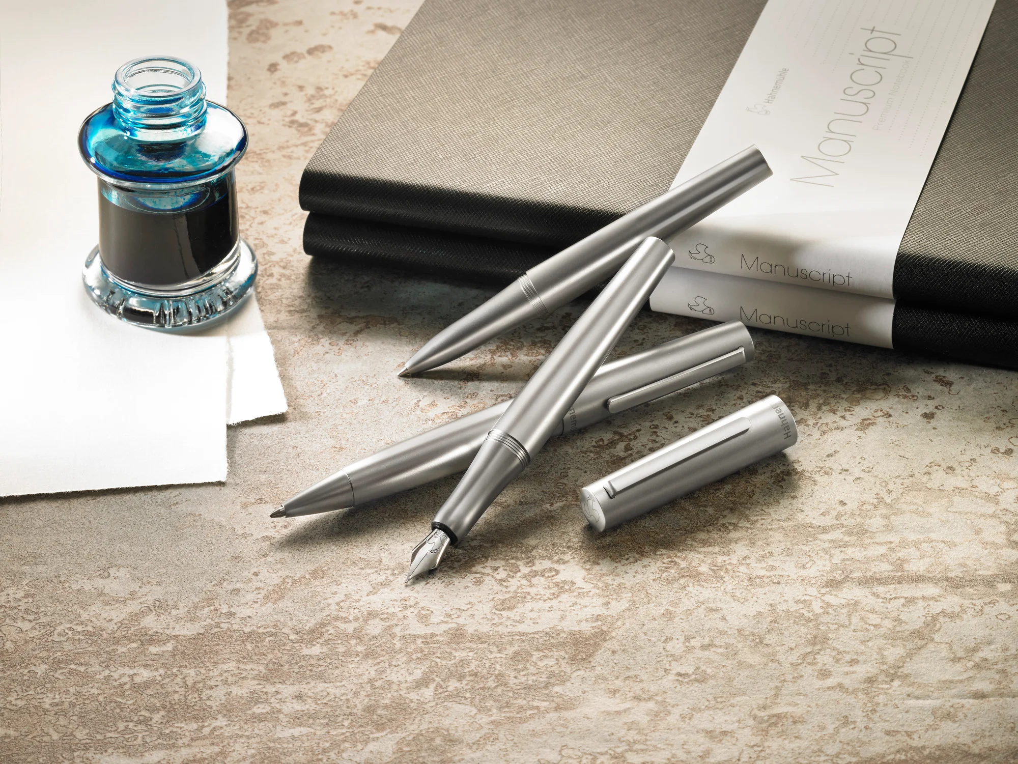 fountain pen, pen set, ink bottle, notebook, stationery