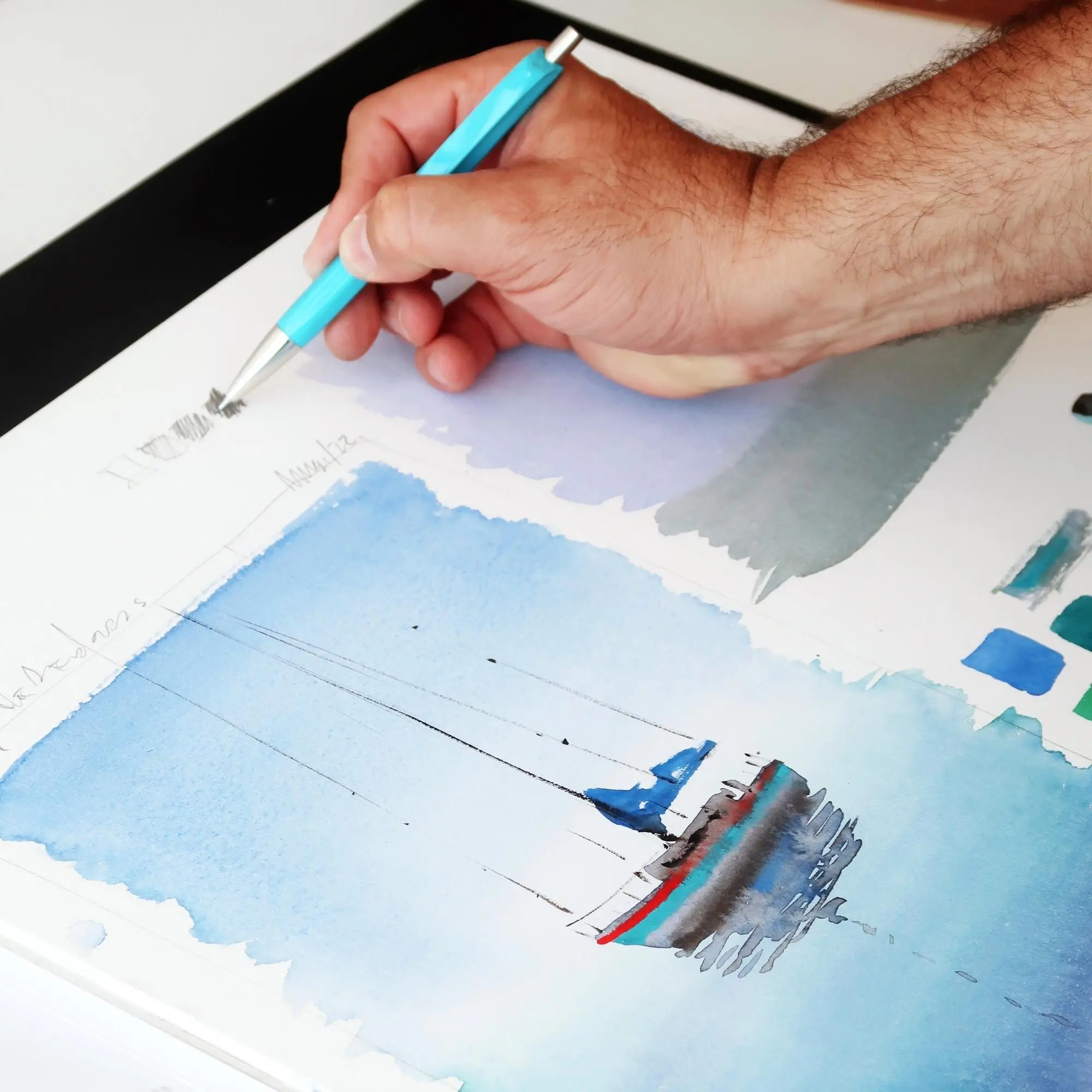 art, watercolor, sketch, pencil, blue hues