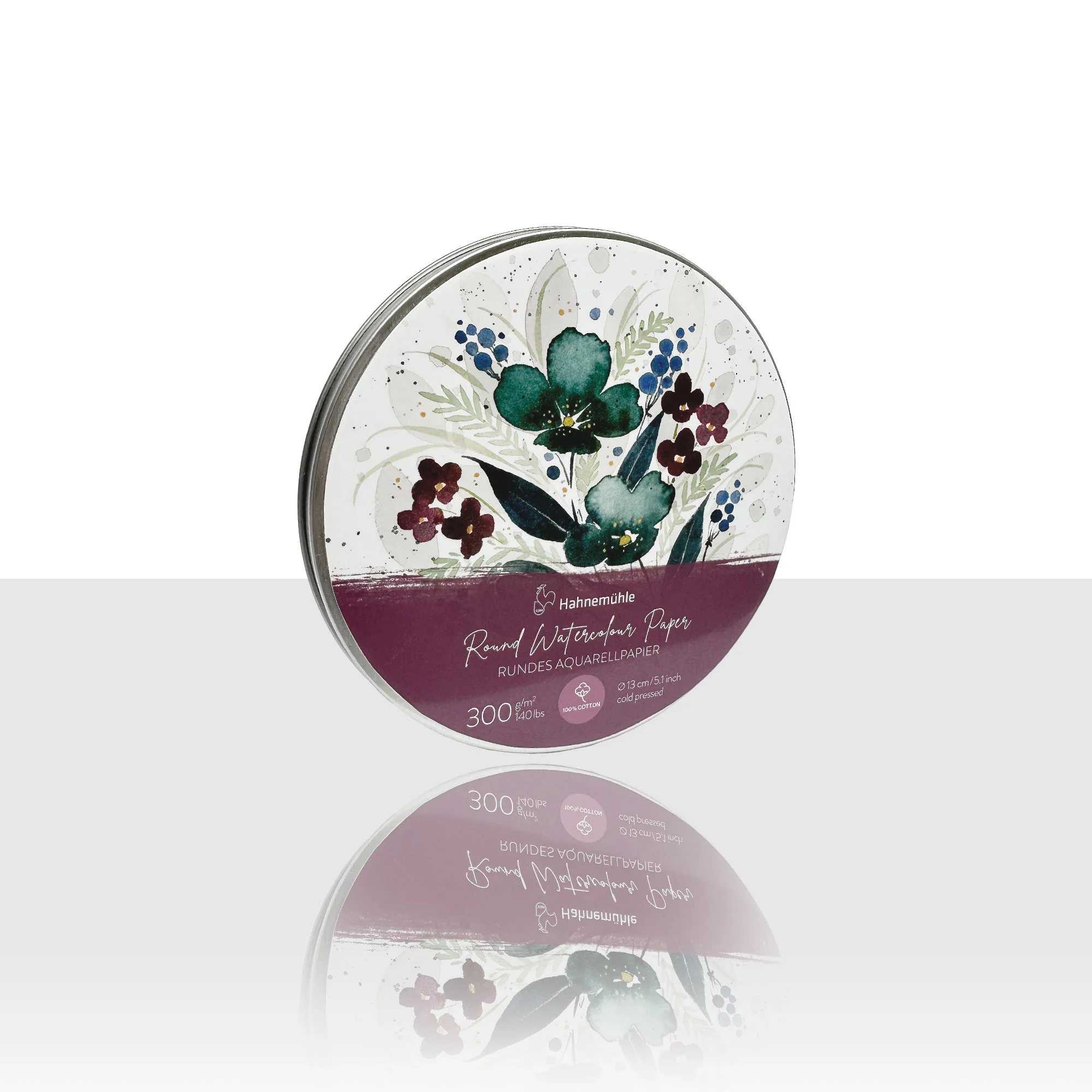 round paper, watercolor, floral, metal tin, 300 g/m2