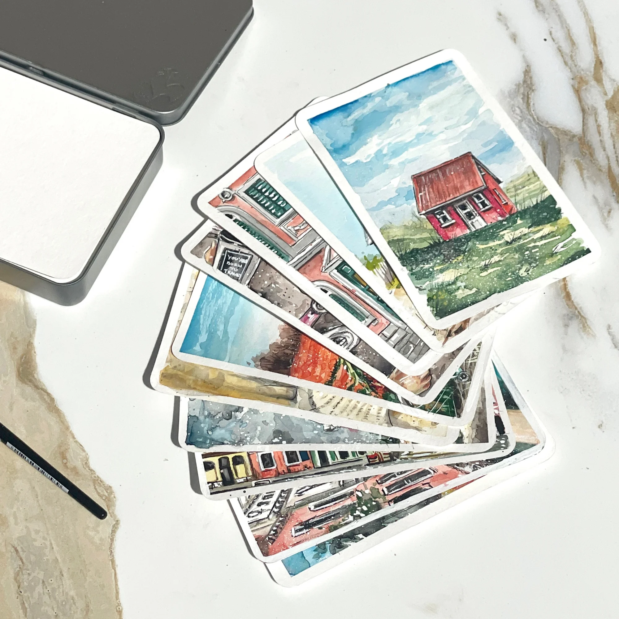 cards, postcards, artwork, landscape, house