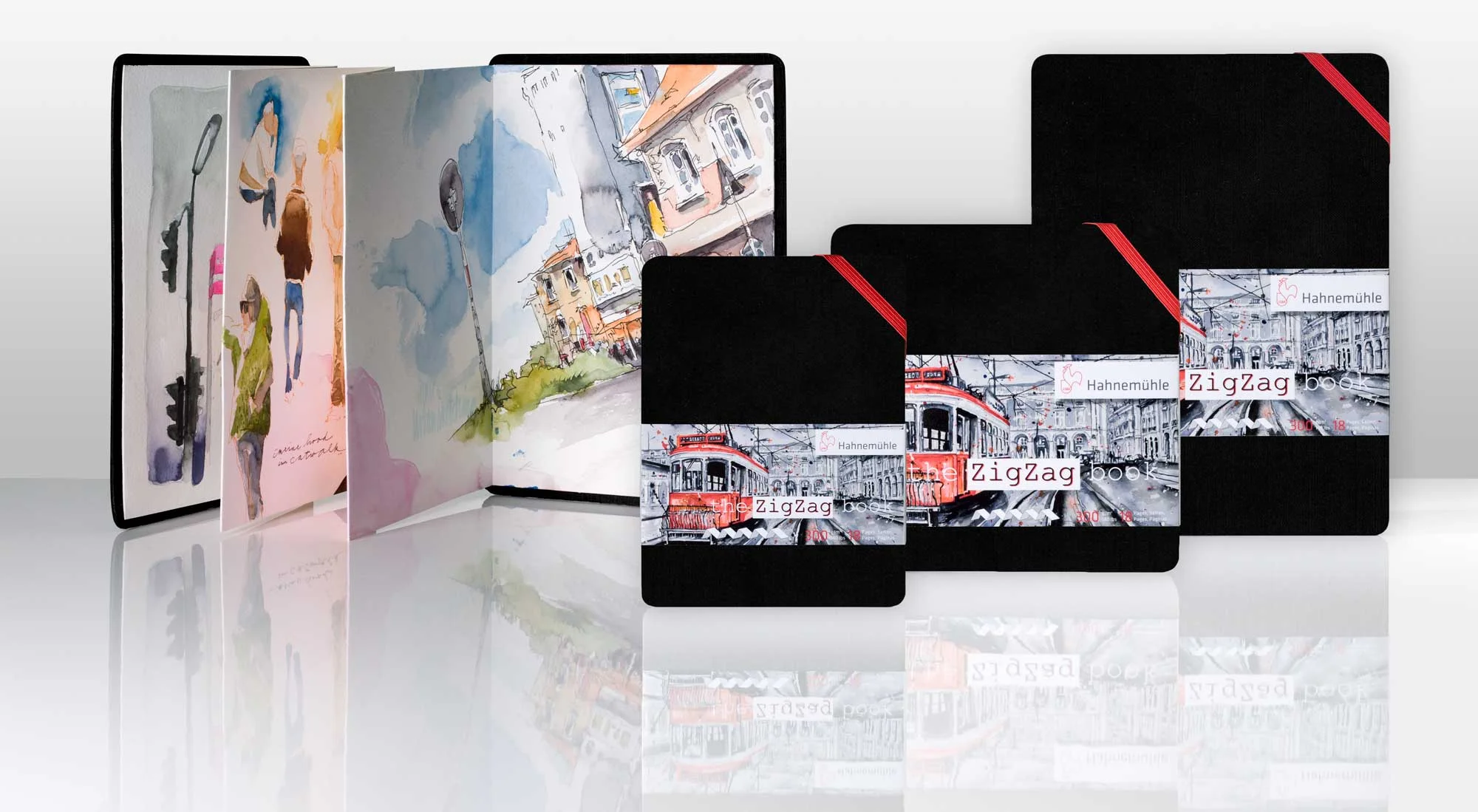 portfolio, notebook, black cover, red elastic, city tram