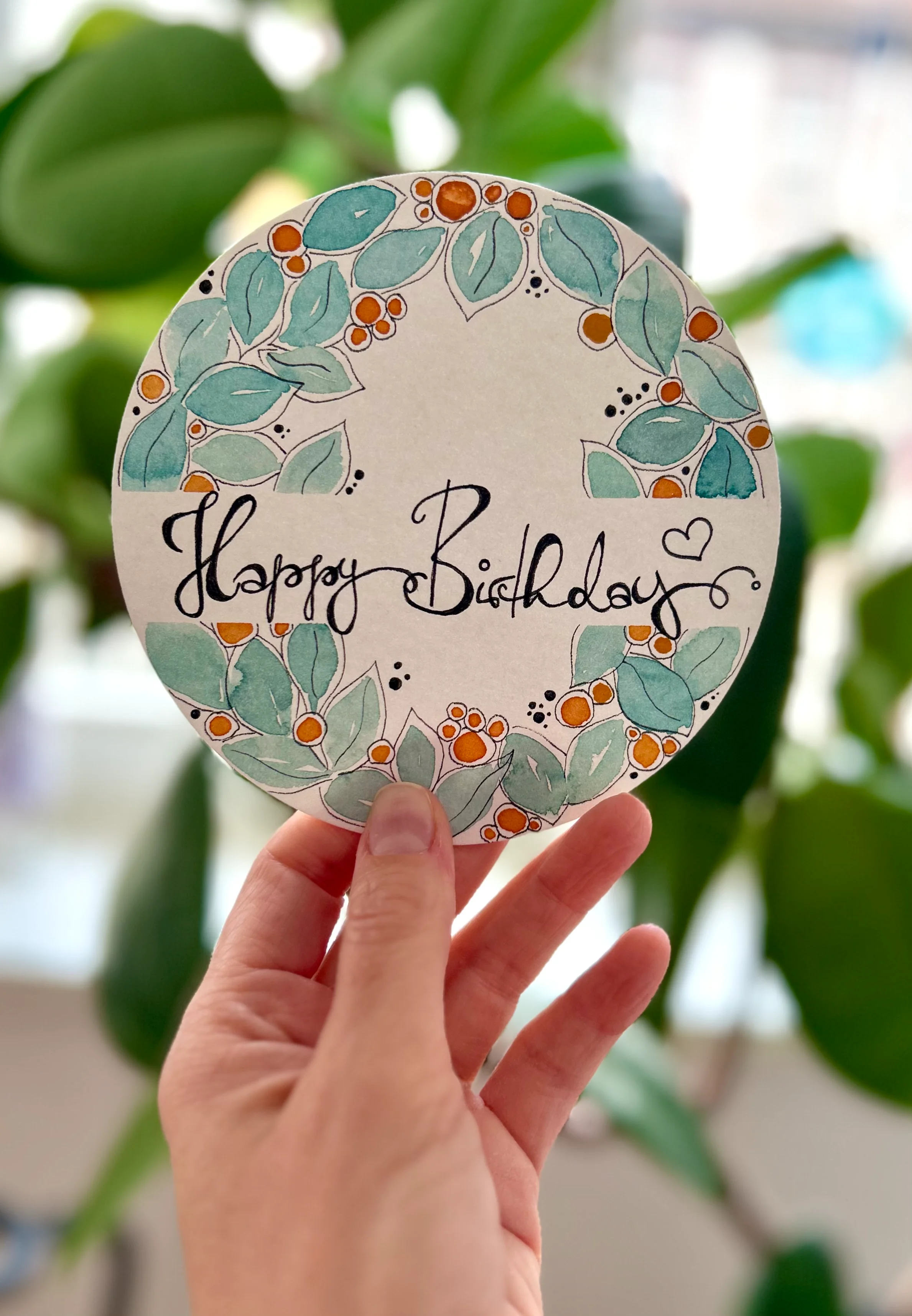 birthday card, round card, floral pattern, handheld, card design