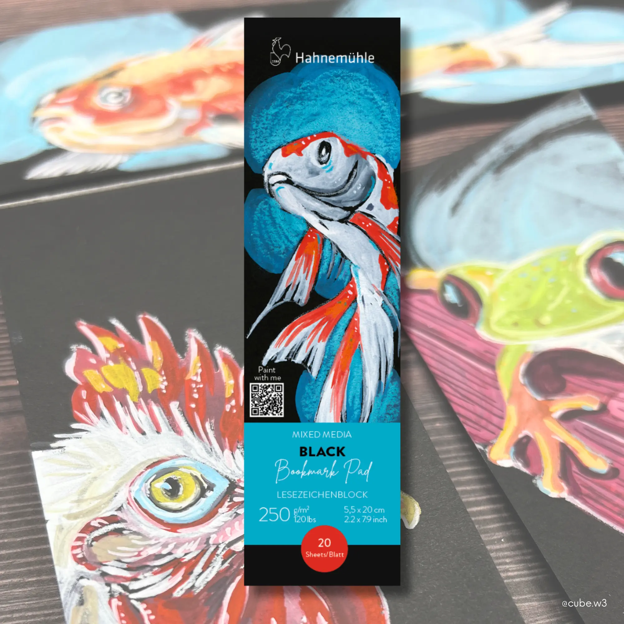 bookmark pad, mixed media, black, animal painting, blue orange red