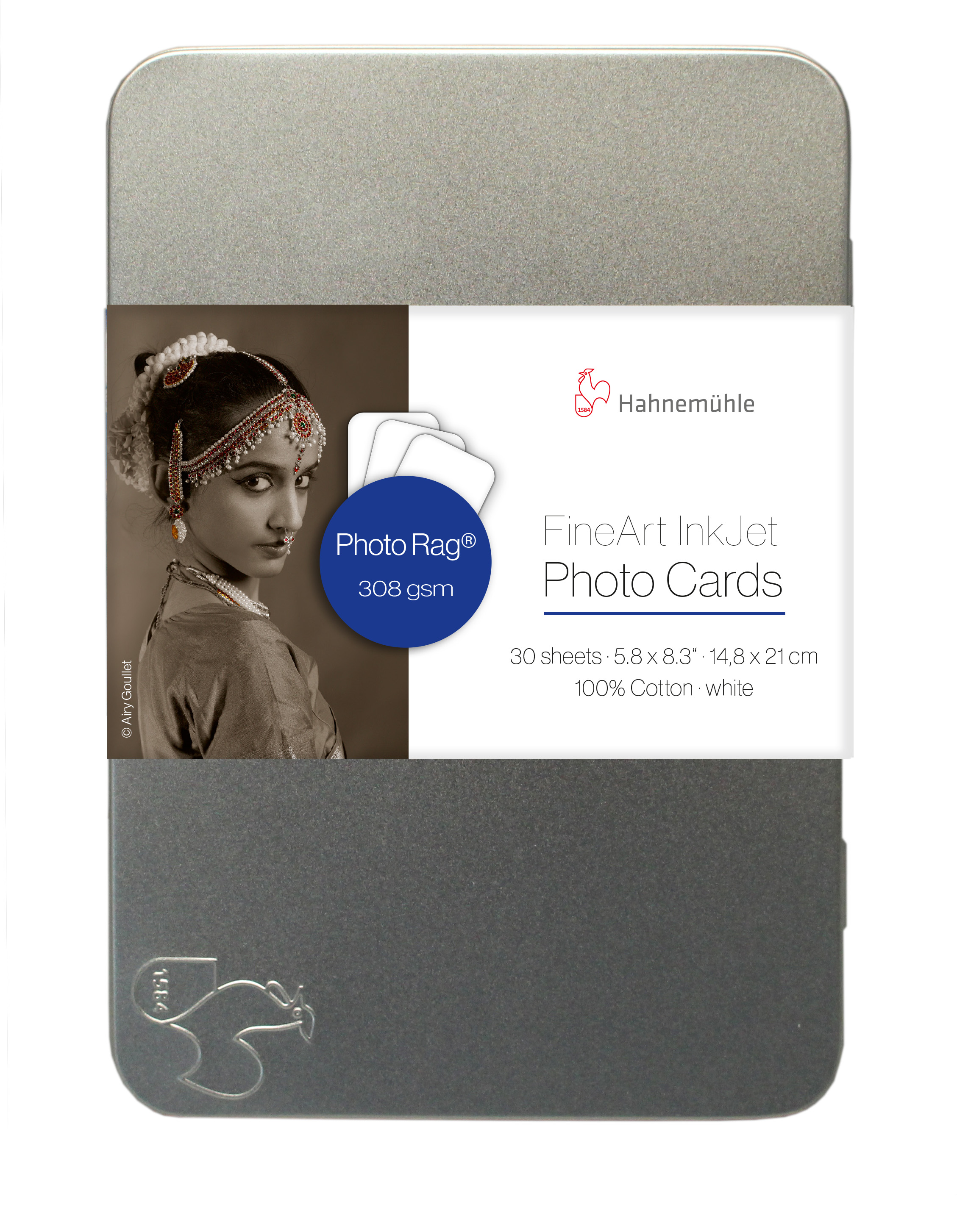10640780-Photocards-Photo-Rag-A5 Metallbox mit Hahnemühle Logo Gravur und Produkt Banderole