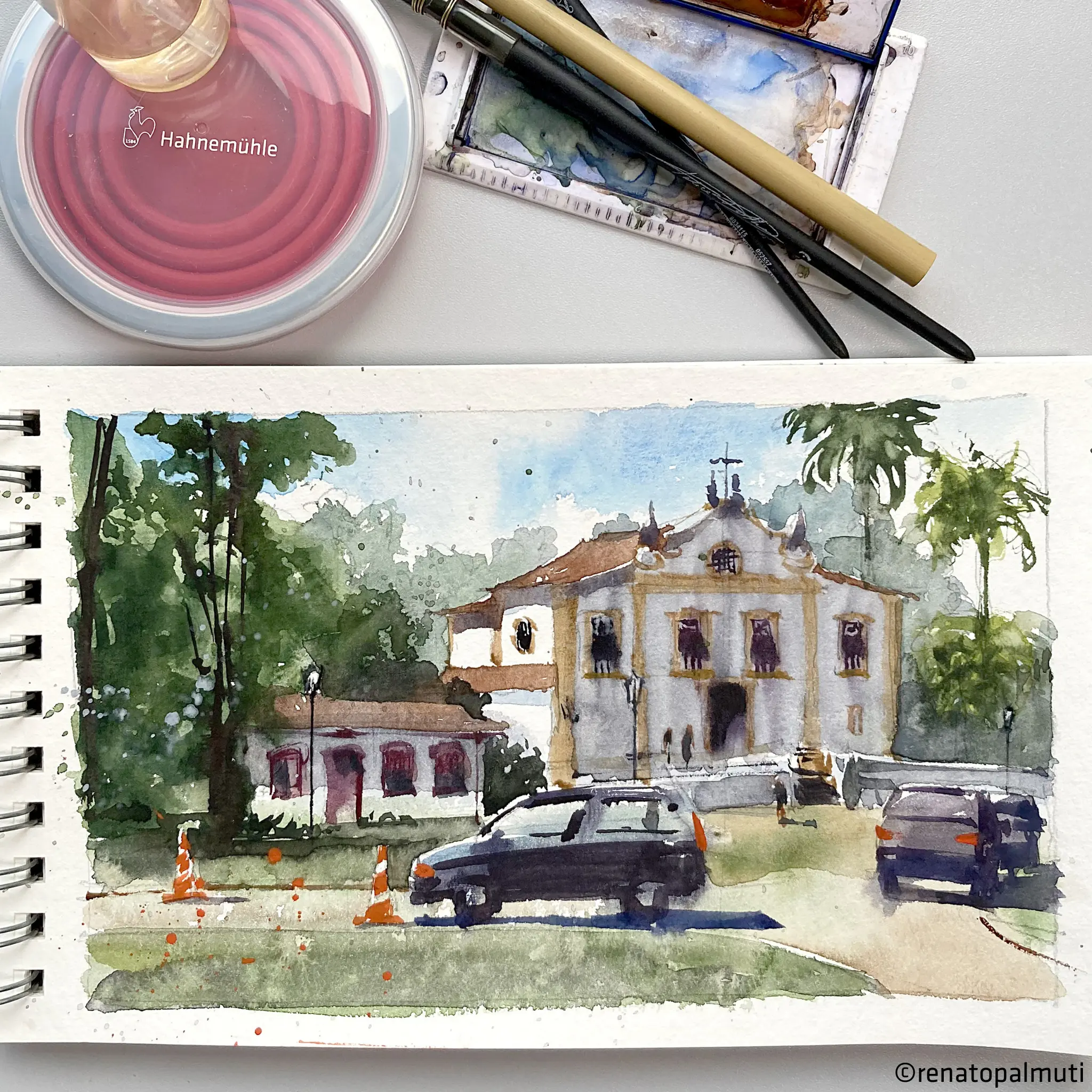 watercolor, architecture, church, car, outdoor scene