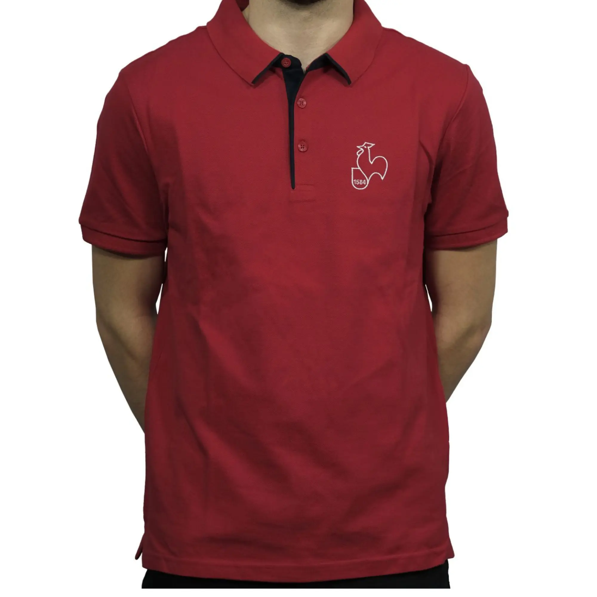 polo shirt, short sleeve, red, collared, logo graphic