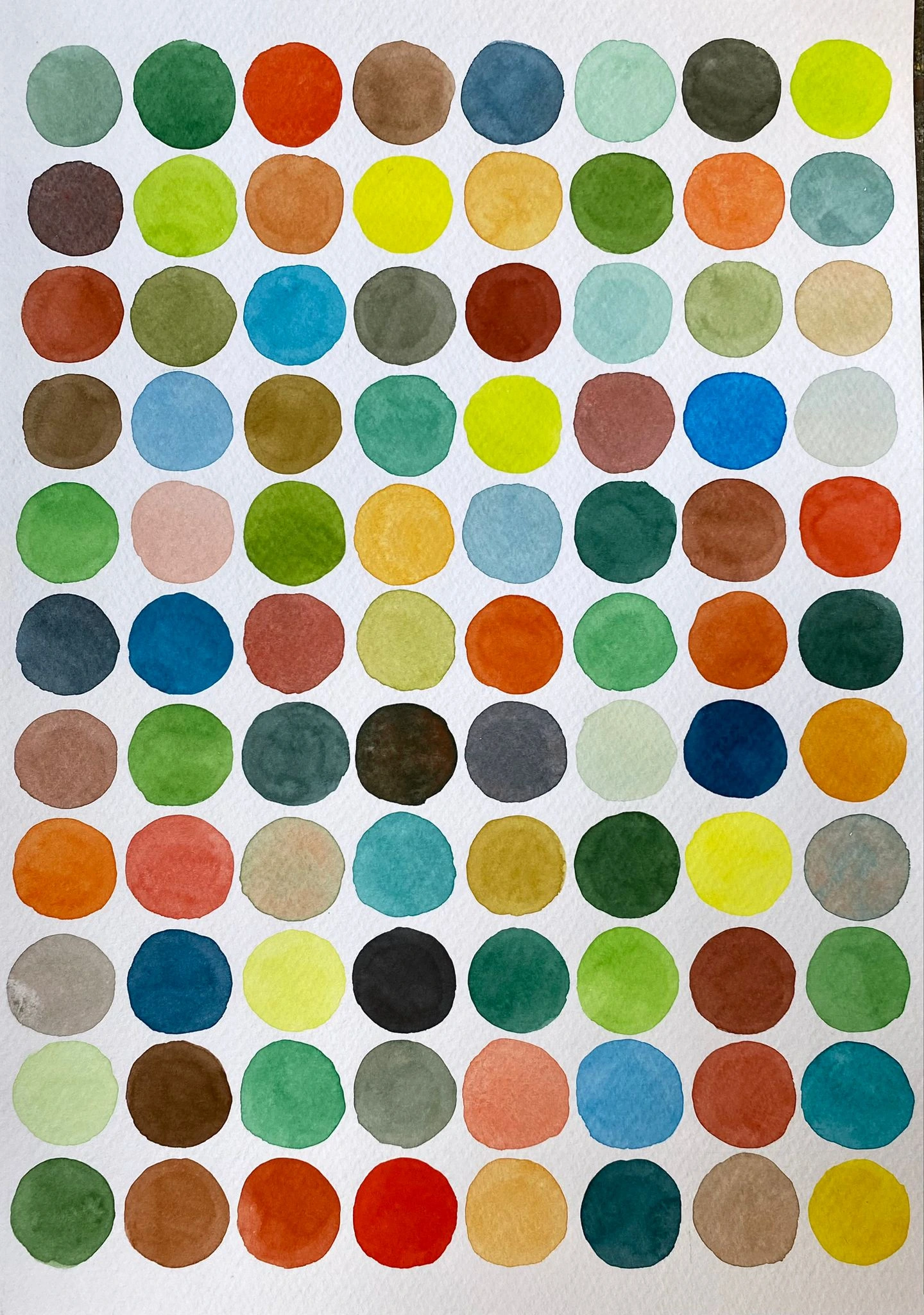 color dots, dot grid, assorted colors, paint swatches, watercolor dots