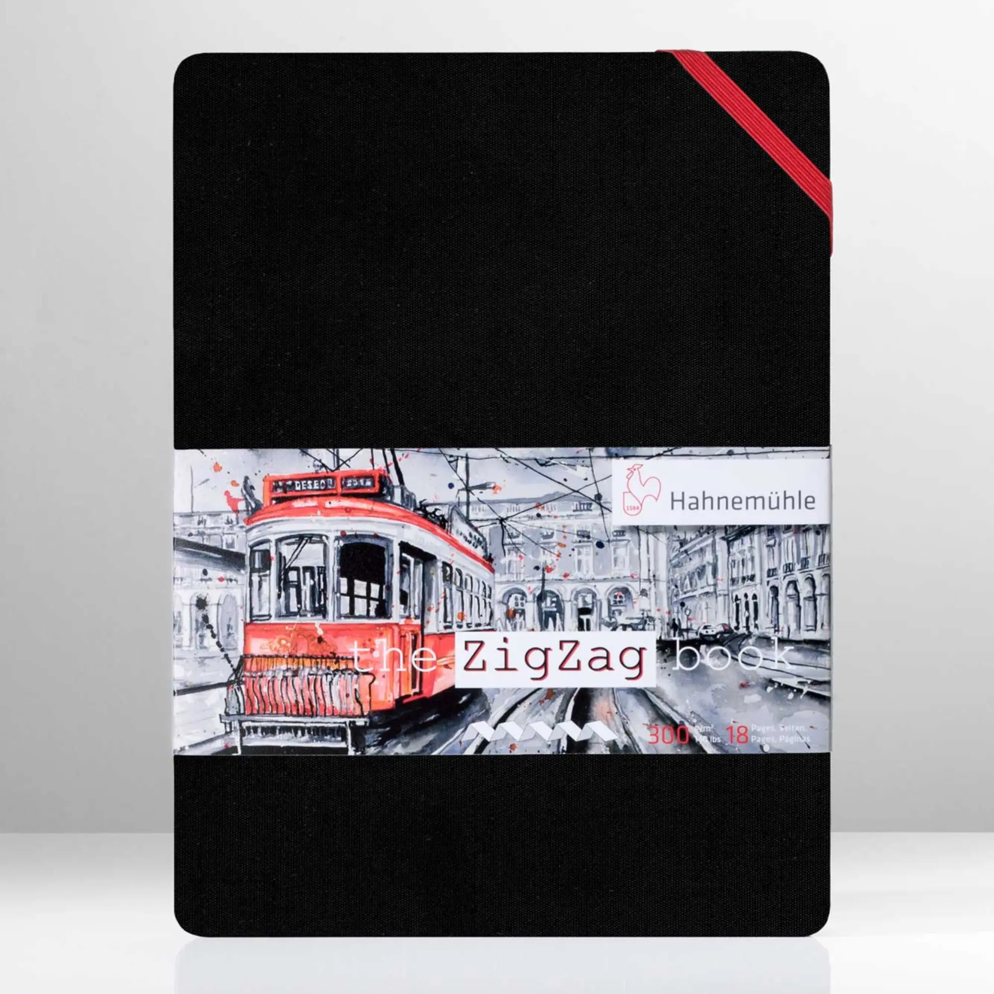 notebook, black cover, red elastic, zigzag book, illustration tram