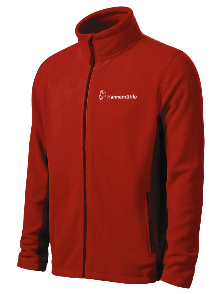 fleece jacket, red, full-zip, stand collar, long sleeve