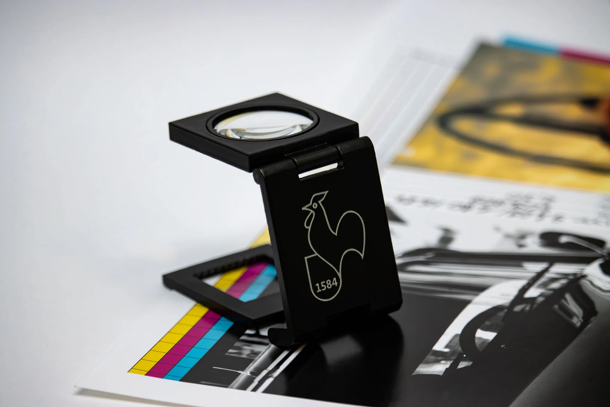 stamping tool, magnifier, rooster logo, month stamp, clamp stand