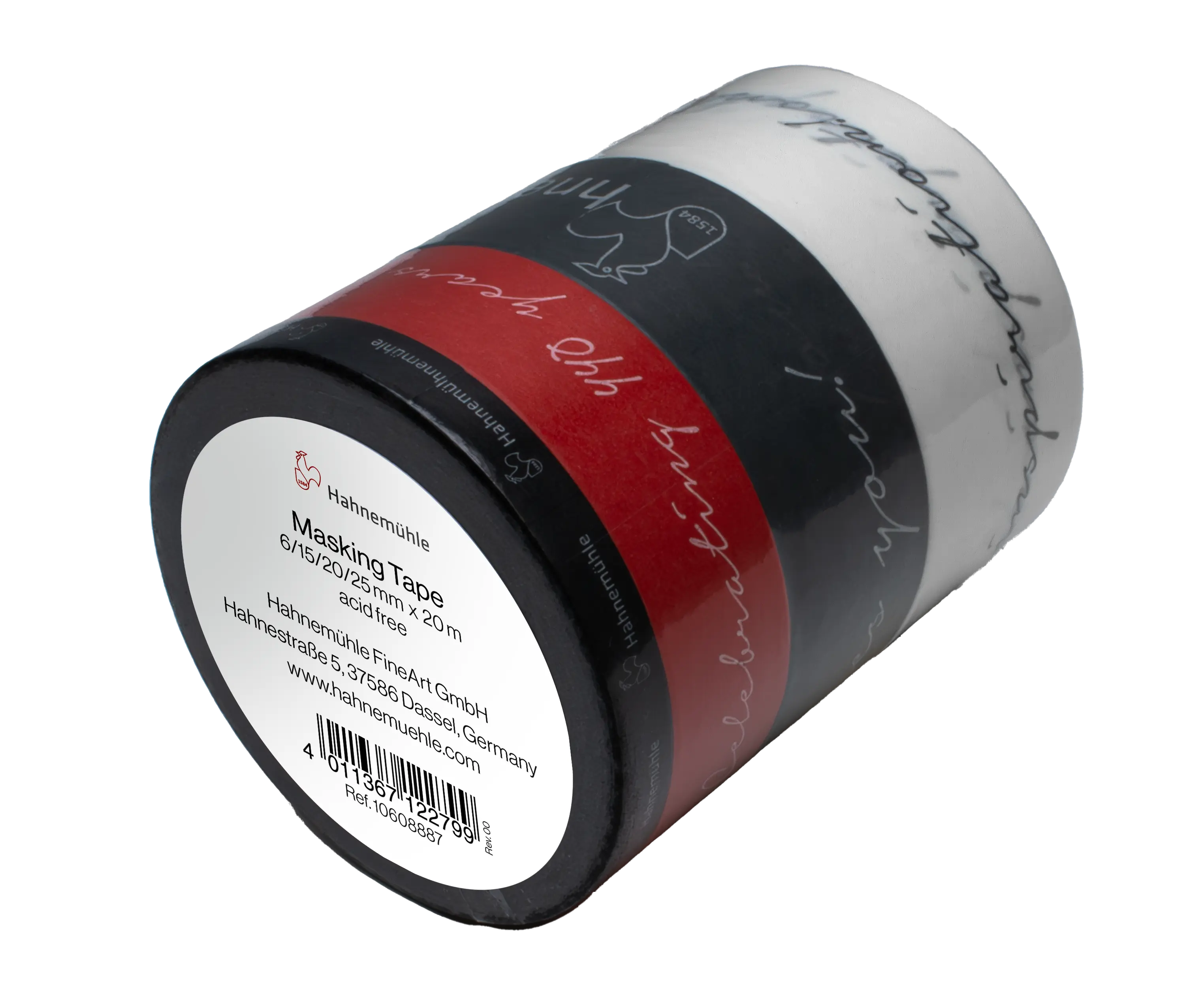 masking tape, tape roll, black red white, acrylic label, handwritten script