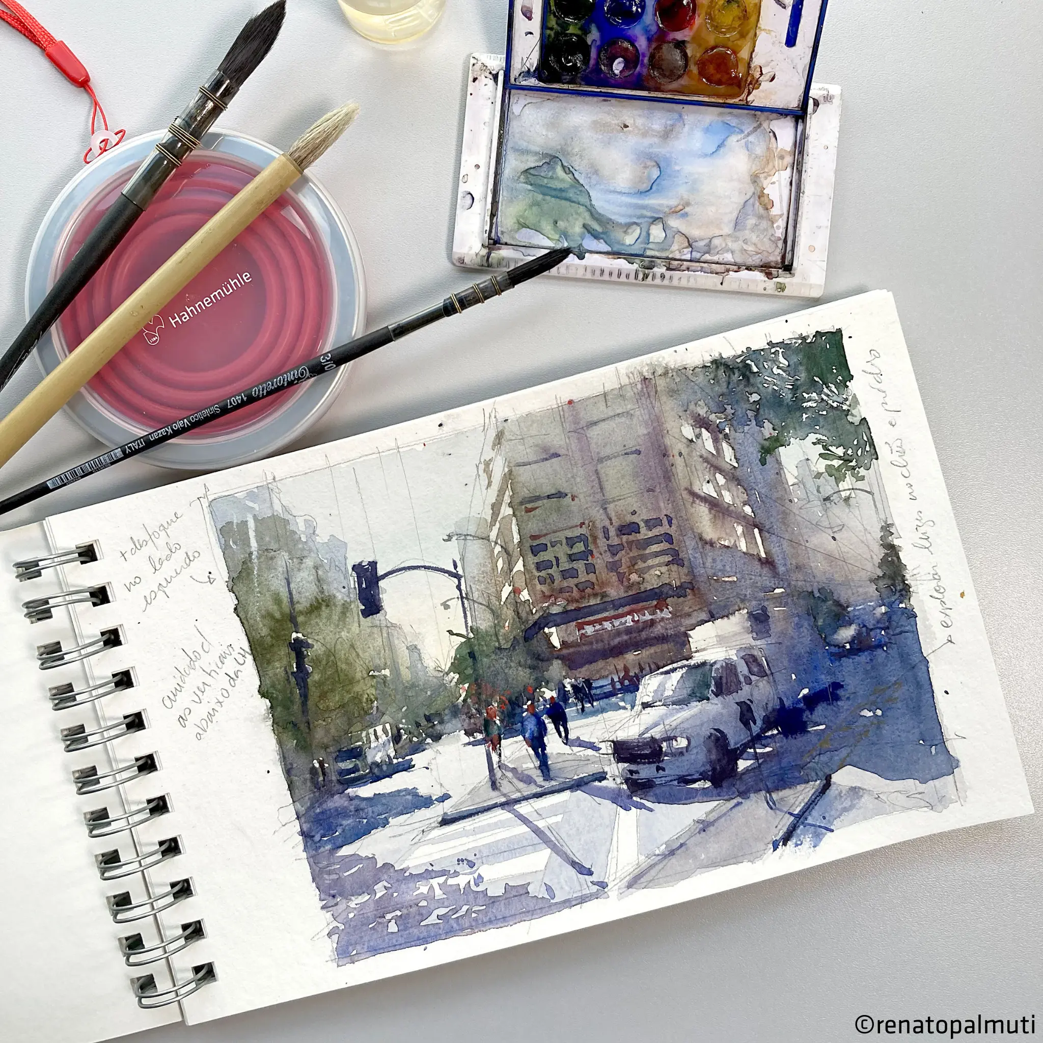watercolor, sketchbook, cityscape, brushes, palette