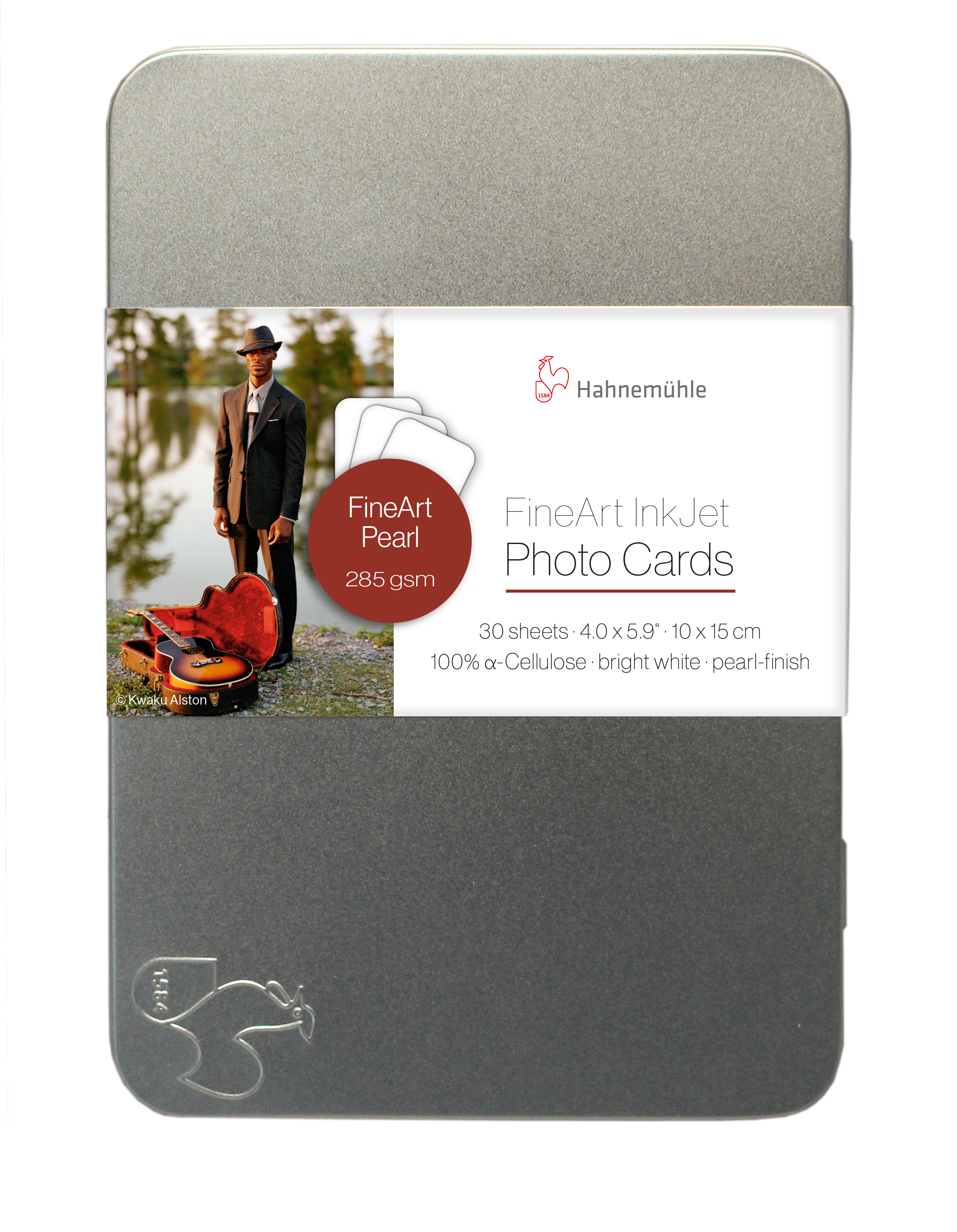 10640772-Photocards-Fine-Art-Pearl-10x15 Metallbox mit Hahnemühle Logo Gravur und Produkt Banderole