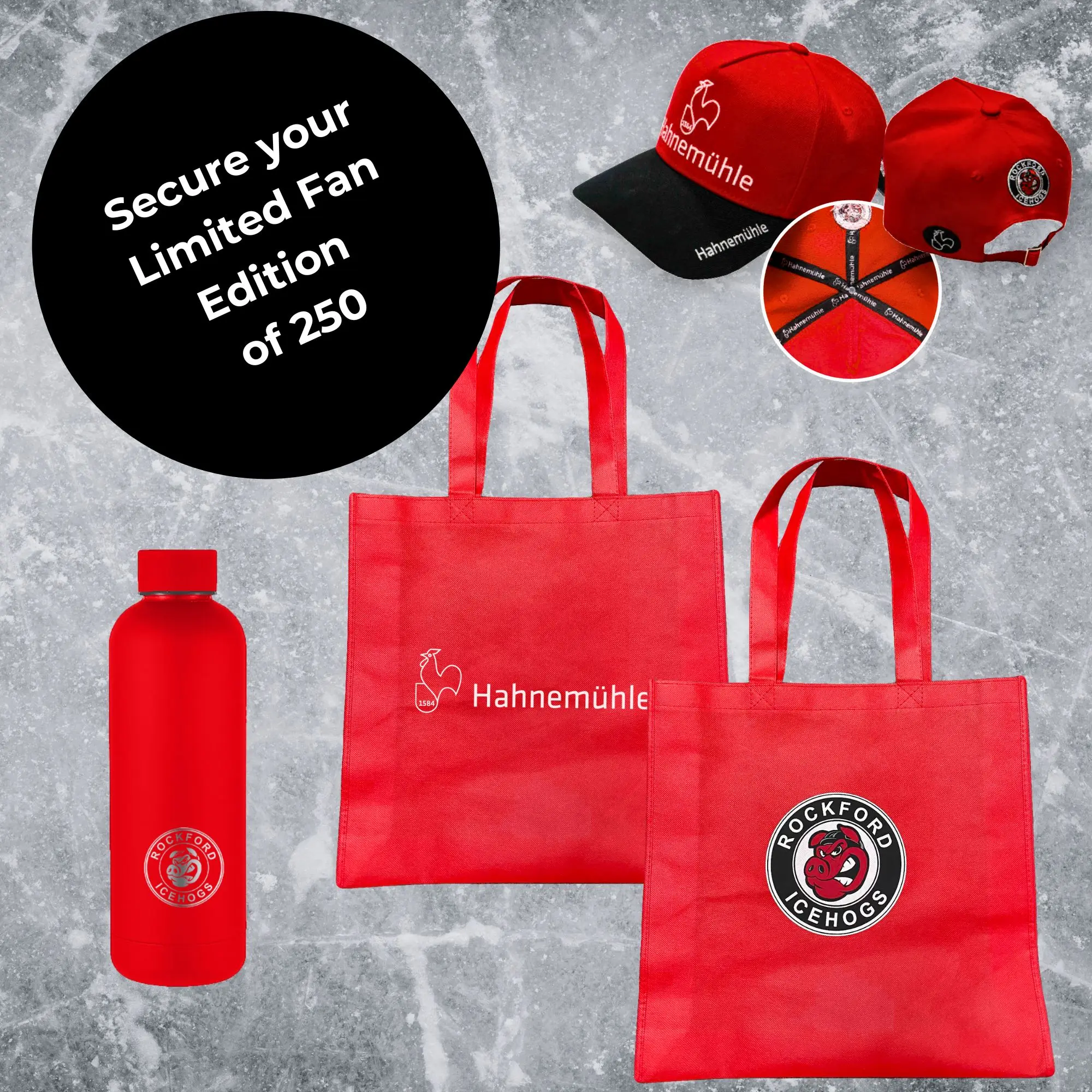 red, tote bag, water bottle, cap, logo